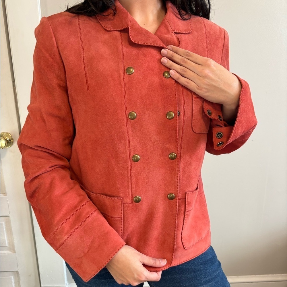 Y2K Preppy Women's Rust Leather Victorian Suede Style Jacket - Size Medium